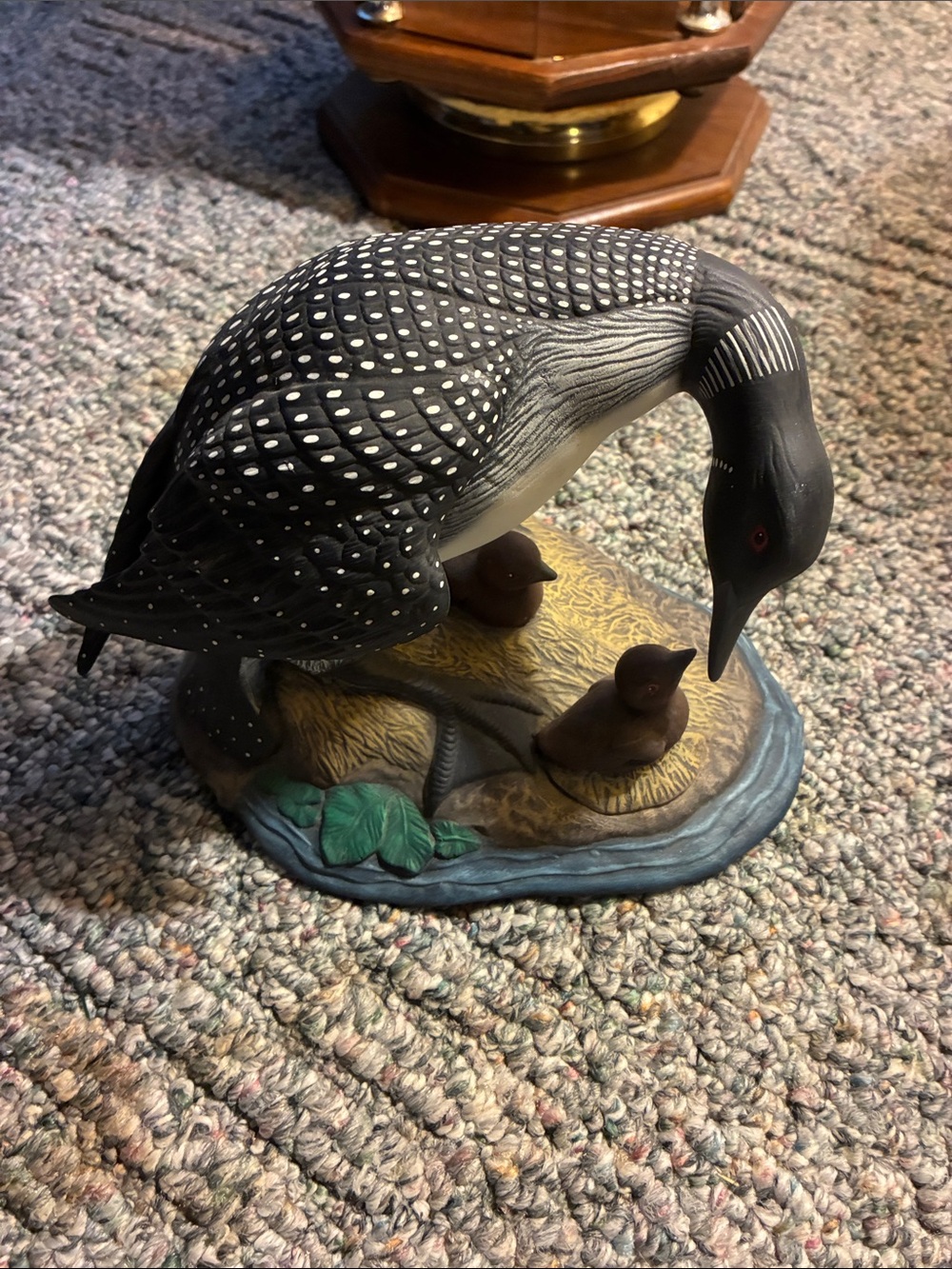 Hand-Painted Black and White Loon Figurine with Chicks - Home Accent